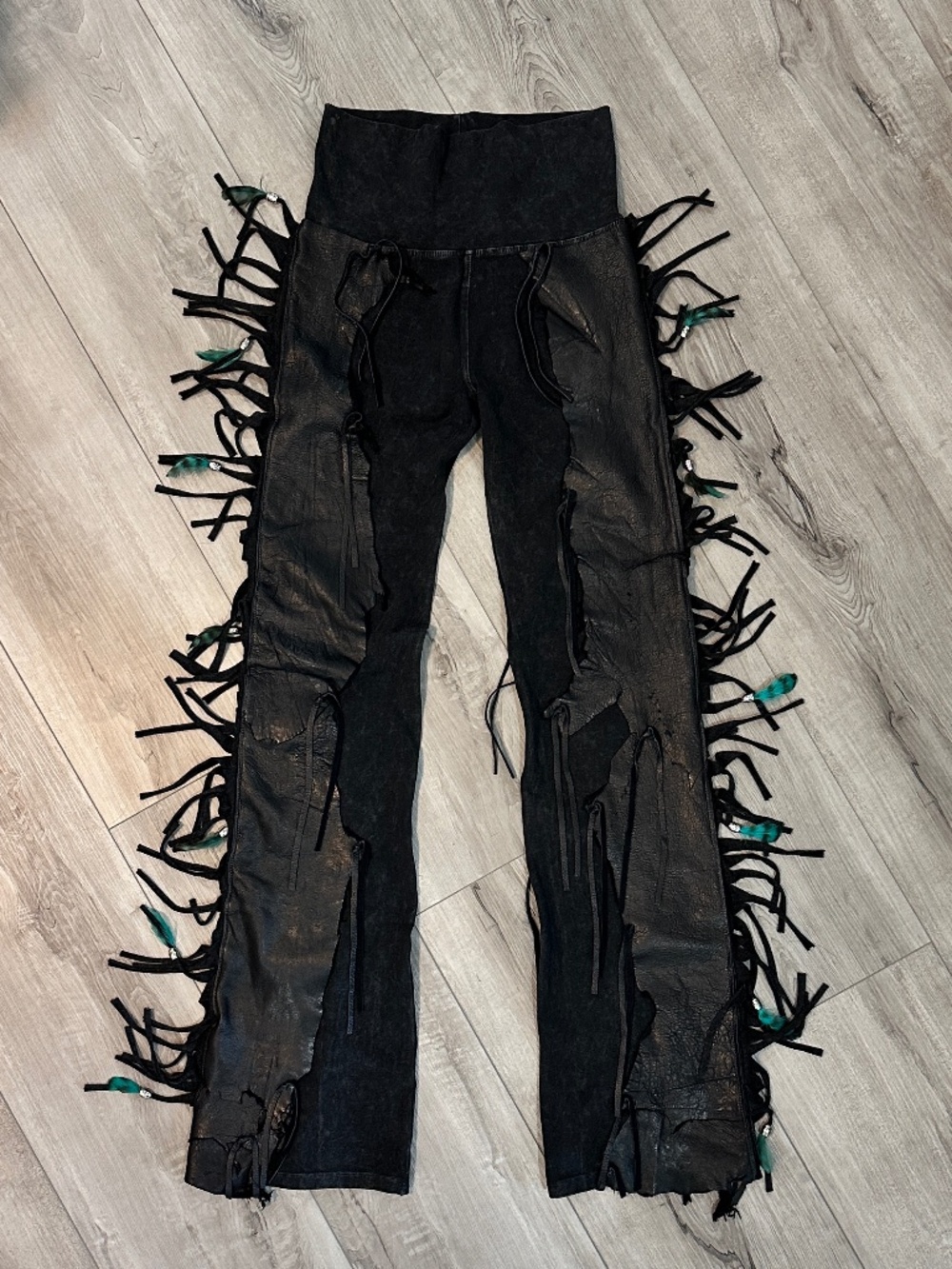Chap Full Fringe & Feathers Ragged Leather Pants by Pat Dahnke -Black